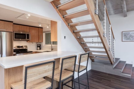 kitchen seating under stairs