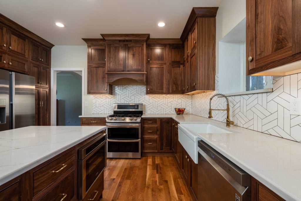 Beaded Inset, Albany doors/drawers, Top drawers slab, Crown 2618, & Natural Walnut 40% sheen