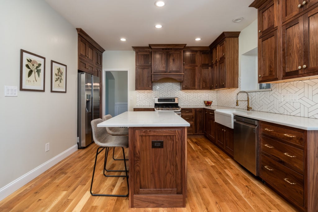 Beaded Inset, Albany doors/drawers, Top drawers slab, Crown 2618, & Natural Walnut 40% sheen