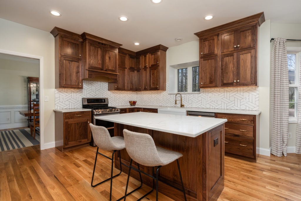 Beaded Inset, Albany doors/drawers, Top drawers slab, Crown 2618, & Natural Walnut 40% sheen