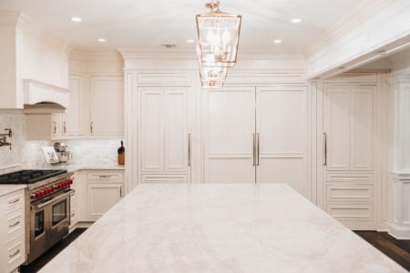 Beaded Inset, CRP-10797 doors/drawers, Crown: 10 inch Slab frieze, Colonial 10, 1238 & Base Cap 860, Crystal White
