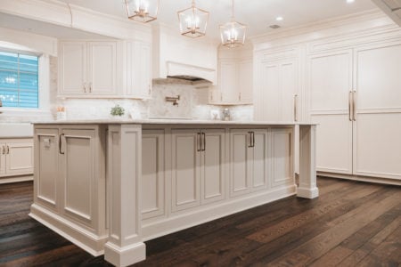 Beaded Inset, CRP-10797 doors/drawers, Crown: 10 inch Slab frieze, Colonial 10, 1238 & Base Cap 860, Crystal White