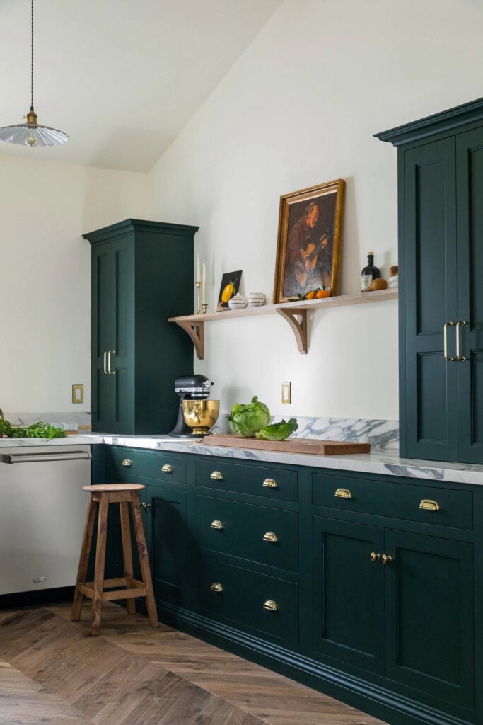 Green Inset Cabinetry in an English-inspired kitchen