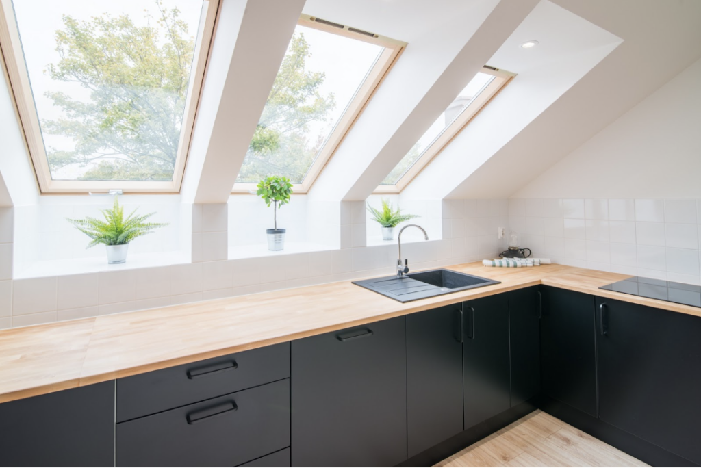 black kitchen cabinets with skylights