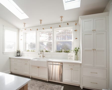 Flush Inset, TW-10 door with regular framing bead, Slab drawer fronts, Frosty White. Island & Tall Cabinet: Rift Cut White Oak (finished by customer)