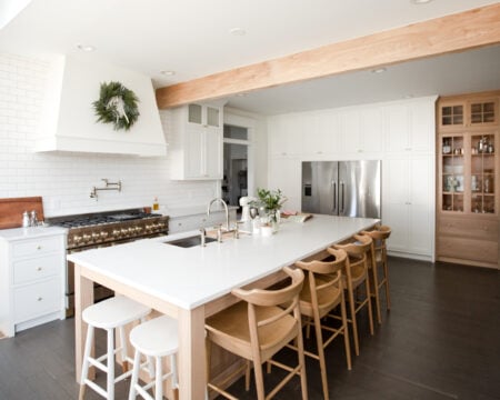 Flush Inset, TW-10 door with regular framing bead, Slab drawer fronts, Frosty White. Island & Tall Cabinet: Rift Cut White Oak (finished by customer)