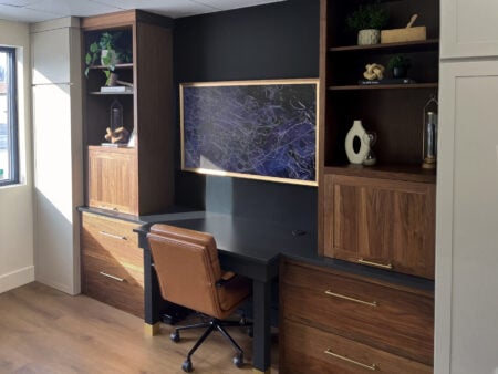 Desk Flush Inset, SW 7076 Cyberspace, Natural Walnut, Slab Doors & Drawerfronts