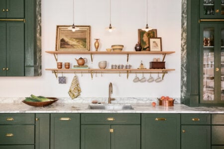 Full Overlay, Amesbury door & drawerfront, Unf Hard Maple (painted onsite SW Rockwood Dark Green), Custom millwork/hood by customer